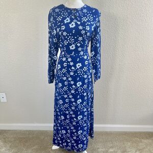 Batik Keris Dress Sz Medium Kaftan Royal Blue Floral Print Tie Waist Wax Process